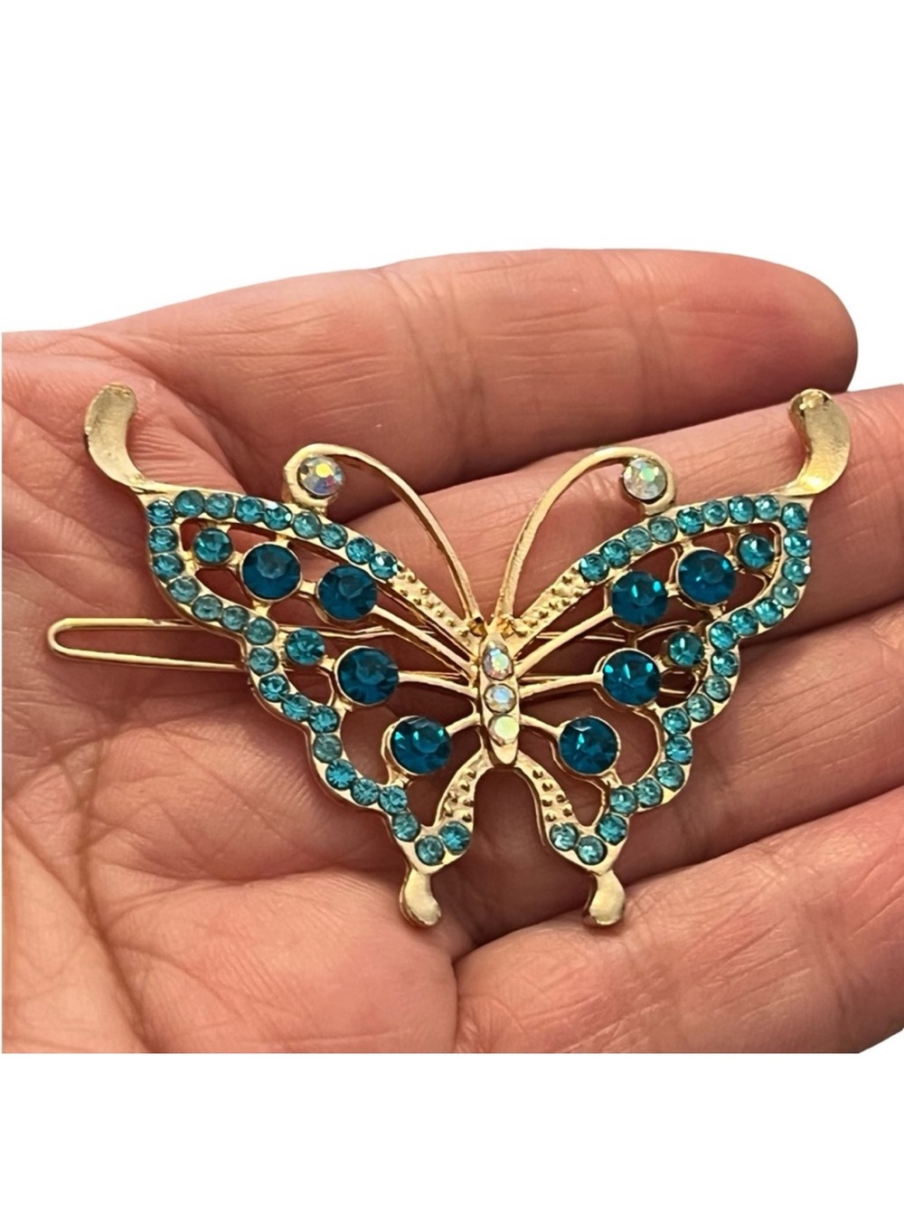 Gold Butterfly Hair Clip with Teal Crystals FINAL PRICE DROP